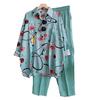 Set di pantaloni camicia da 2 pezzi / set Set di pantaloni colorblock monopetto risvolto manica lunga vita elastica allentata gamba larga set di pantaloni camicetta casual morbida da donna
