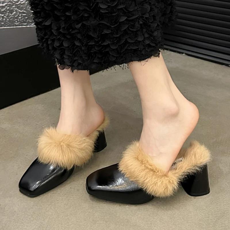 Fur Chunky Women Cotton Slippers Square Toe Short Plush Fad High Heels Mules Shoes 2025 Trend Winter Sexy Pumps Femme Chaussures