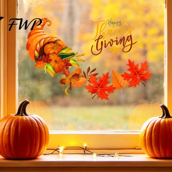 Autumn Harvest Wall Decals Festival Stickers for Thanksgiving Decor, PVC Cornucopia Pumpkins And Maple Leaves Decals, Festive Art Peel Stick