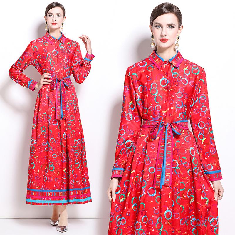 В наличии Элегантное трансграничное европейское и американское модное платье - Универсальное, подчеркивающее талию, стройнящее, со стильным принтом M красный