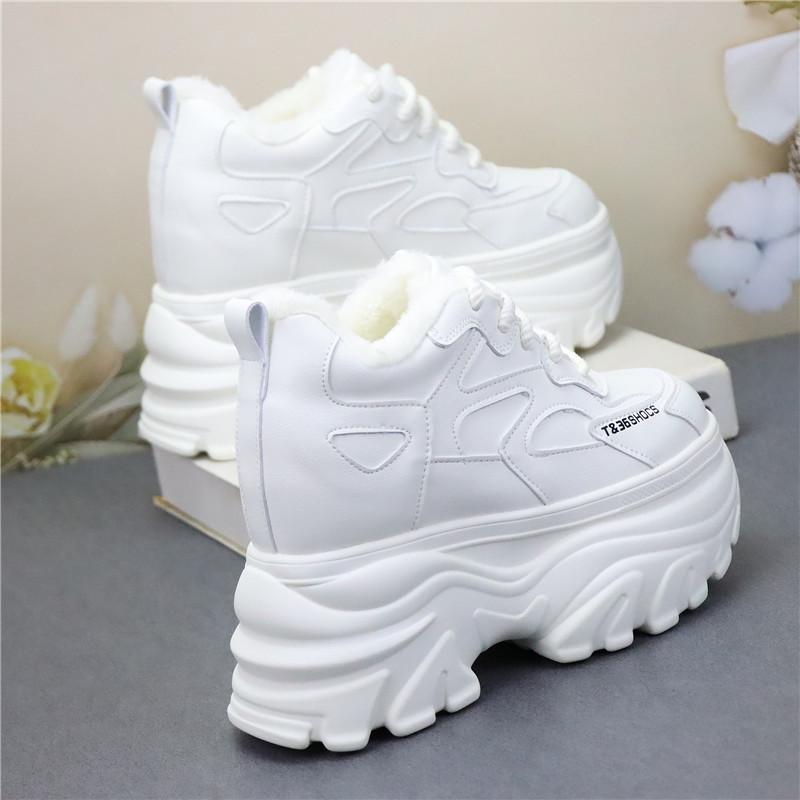 Fashion 12CM Genuine Leather Vulcanize Fashion Thick Bottom Women Chunky Sneakers Platform Wedge Causal Winter Plush Autumn Shoes