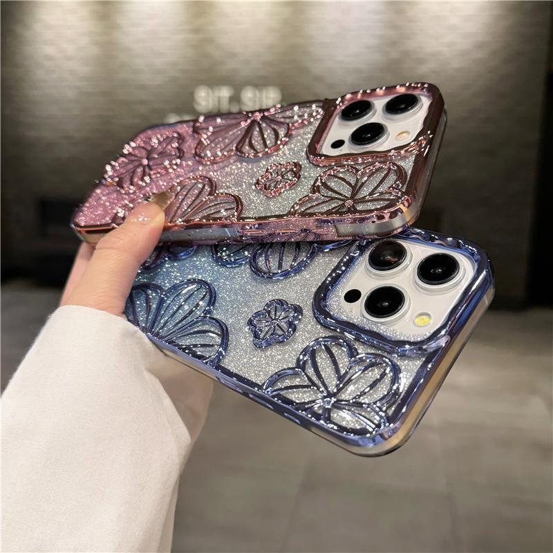 For iPhone 15 Pro Max Luxury Flash Glitter Flowers Plating Frame Phone Case For iPhone 11 12 13 14 15 16 Soft Protective Cover