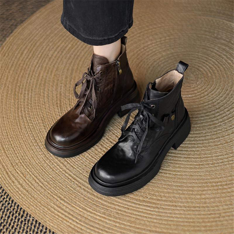 Fashion New Autumn/winter Genuine Leather Women Boots Round Toe Platform Shoes for Women Fashion Boots High Heels Lace Work Boots