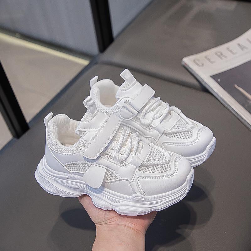 New summer white sneakers for children, dad shoes for boys and girls, breathable mesh Velcro running shoes, trendy