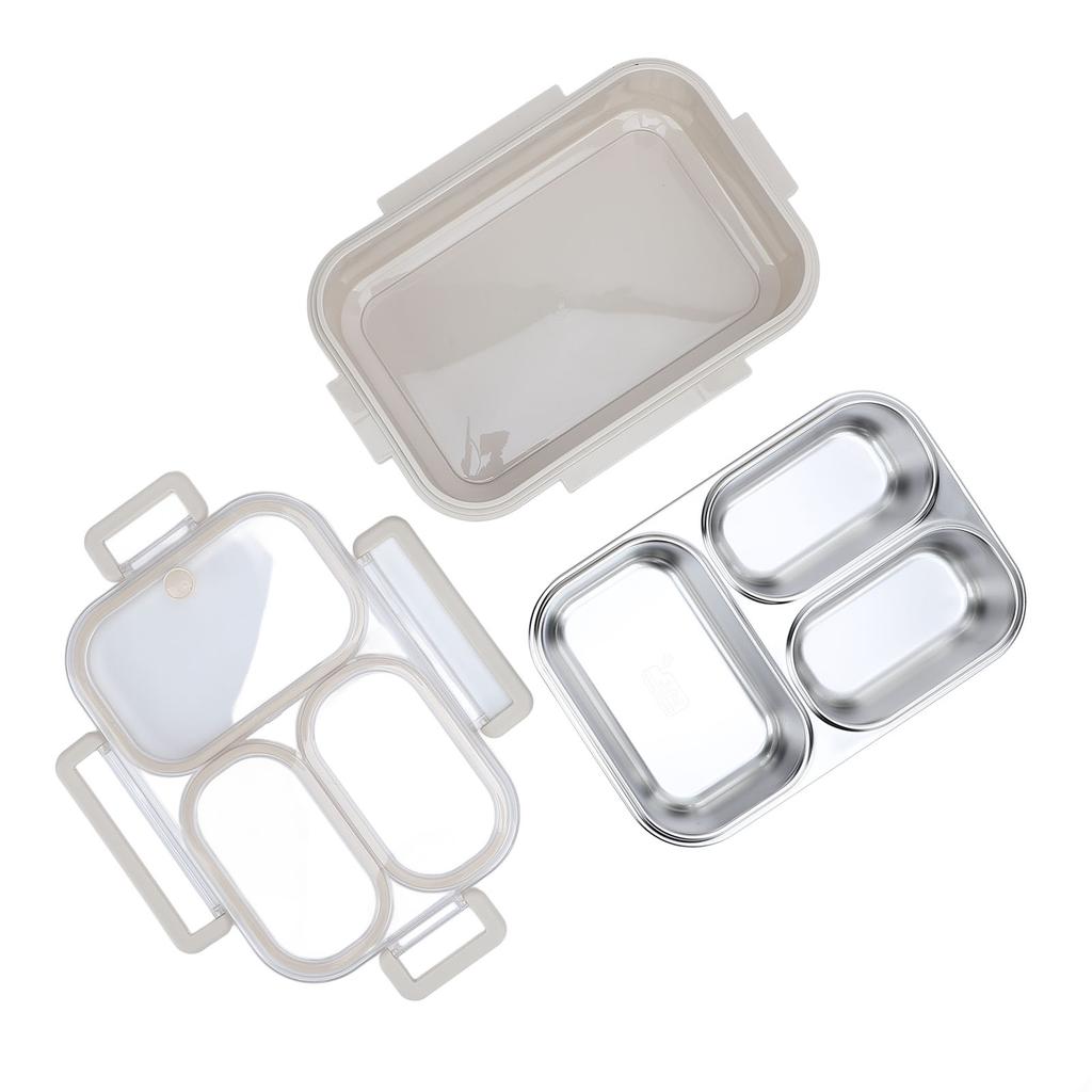Divided Lunch Box 304 Stainless Steel Leakproof Heatable 3 Compartments Rectangular Food Container 1.2L Capacity