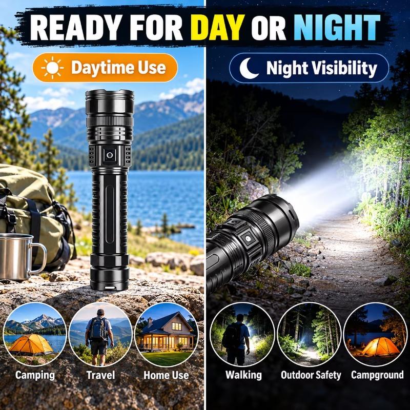 Rechargeable Heavy Duty LED Flashlight, Adjustable Focus, Digital Power Display + COB Tail Light, Spot/Flood Beam for Emergency & Outdoor