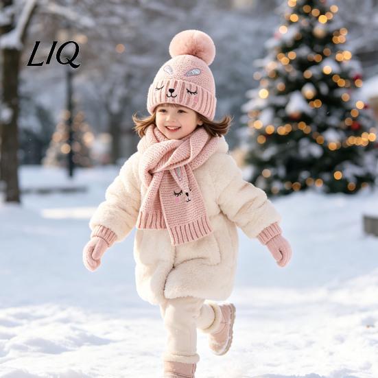 Thermal Winter Accessories for Boys Girls Hat Gloves Scarf Set Kids, Warm Knitted Pompom Hat, Cute Outings Bunny Embroidery, Cozy Ages 2 to 6 Gift