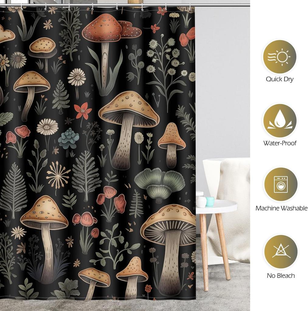Aimego Mushroom Boho Shower Curtains - Vintage Floral Plants Retro Flowers Bohemian Fairy Nature Botanical Bath Shower Curtain