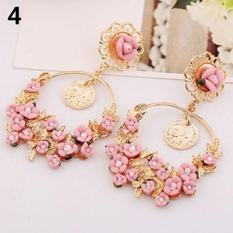Women s Fashion Flower Dangle Statement Ear Stud Earrings Jewelry Gifts розовый