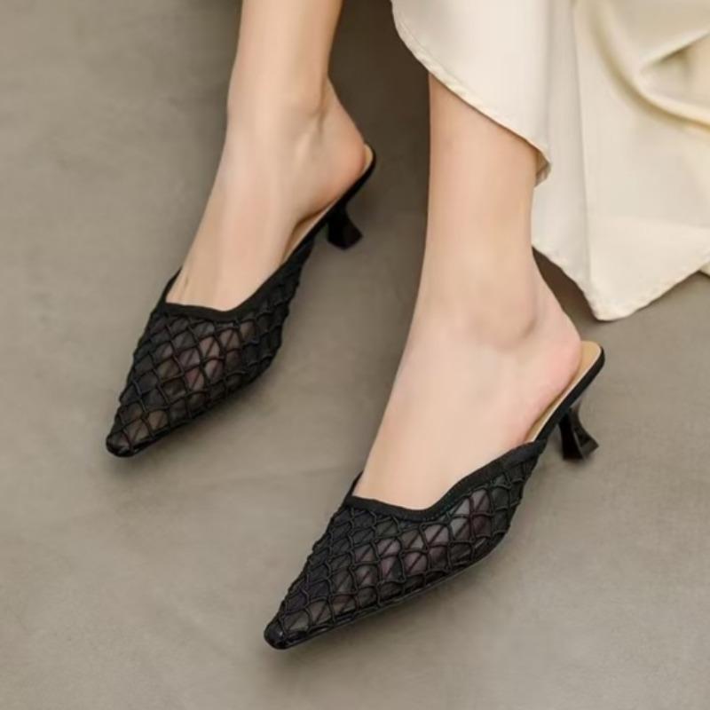 Fashion Pointed Toe Mesh Women Slippers Mules Shoes Woman Summer Heeled Sandals 2025 Fashion Shallow Loafers Sexy Pumps Dress Sandalias