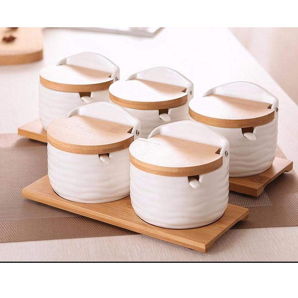 Serving Spoon Spices Storage Box Bamboo Lid Kitchen Condiment Container  Sugar