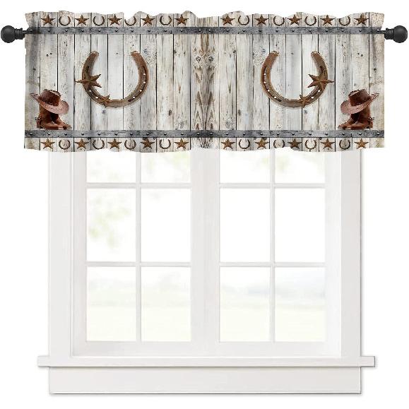 West Country Wooden Doors Valance Curtain for Kitchen,Old Country Ranch Texas Western Cowboy Star Sign Barn Door Windows Treatment Drapes for