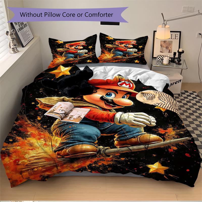 3pcs Super Mario Printed Bedding Set, Soft and Comfortable Quilt Cover for Bedroom, Guest Room (1 Duvet Cover + 2 Pillowcases, Pillow Core N