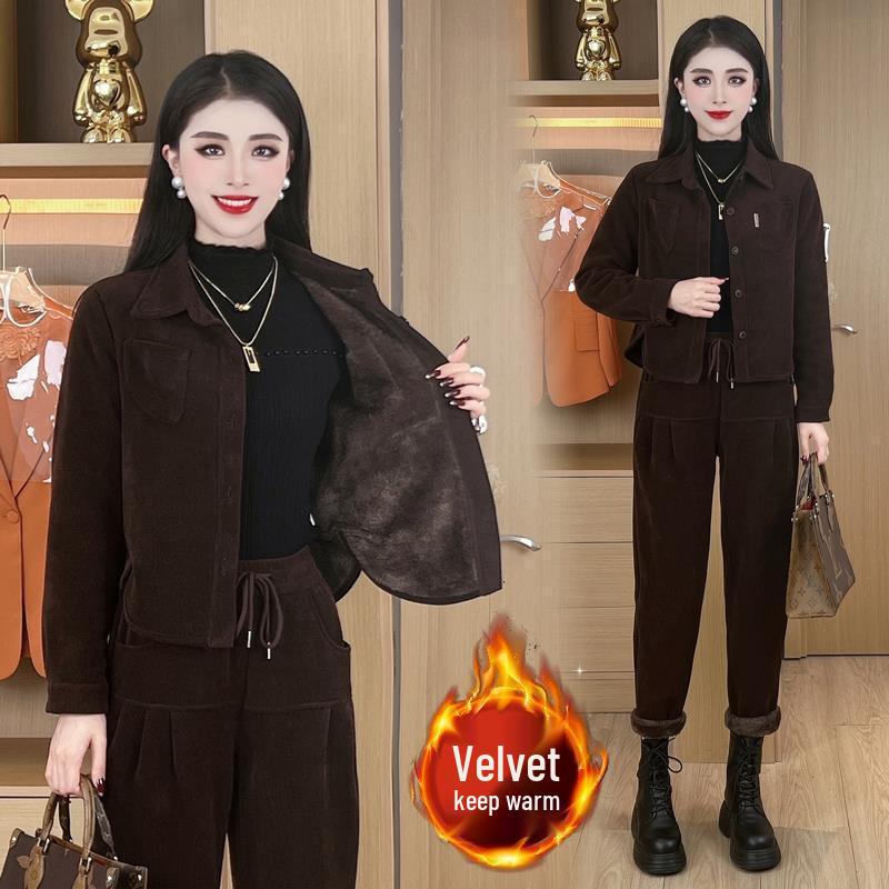 Women s 2025 Winter Velvet Two-Piece Set: Elegant, Loose, Slimming Petite Fashion Ensemble Large кофейный