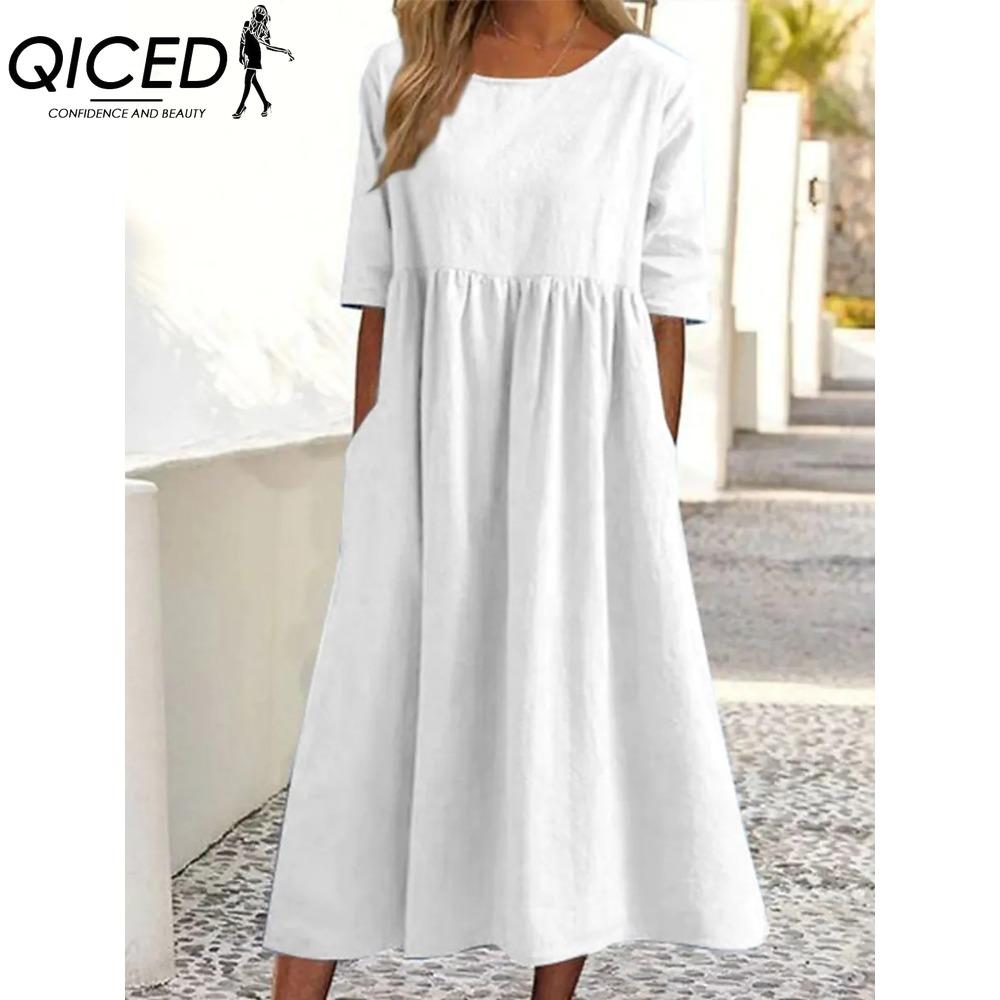 QICED Primavera Estate Abito Donna Girocollo Abiti Lunghi Casual Ampi Abiti Taglie Forti