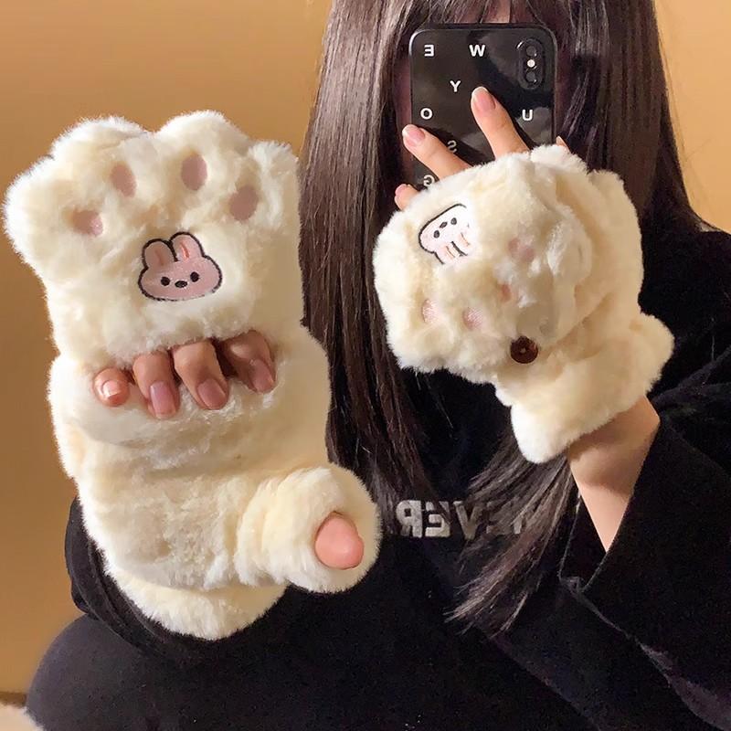Cute flip bunny plush finger neck gloves female warm and velvet student cold proof