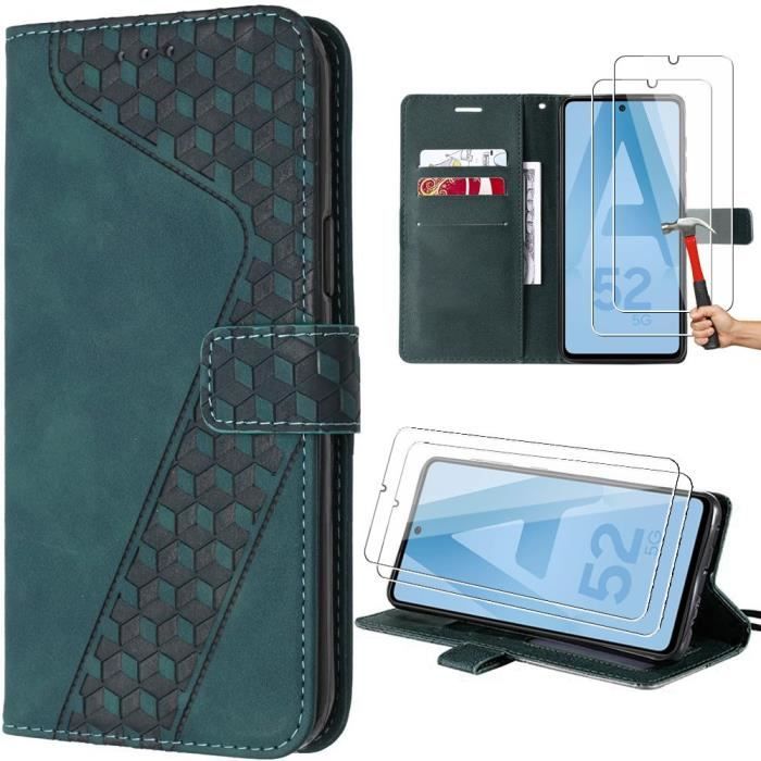 Coque pour samsung galaxy a52s 5g et a52 5g-4g, cuir pu vert nuit motif embossé + 2 verres trempés