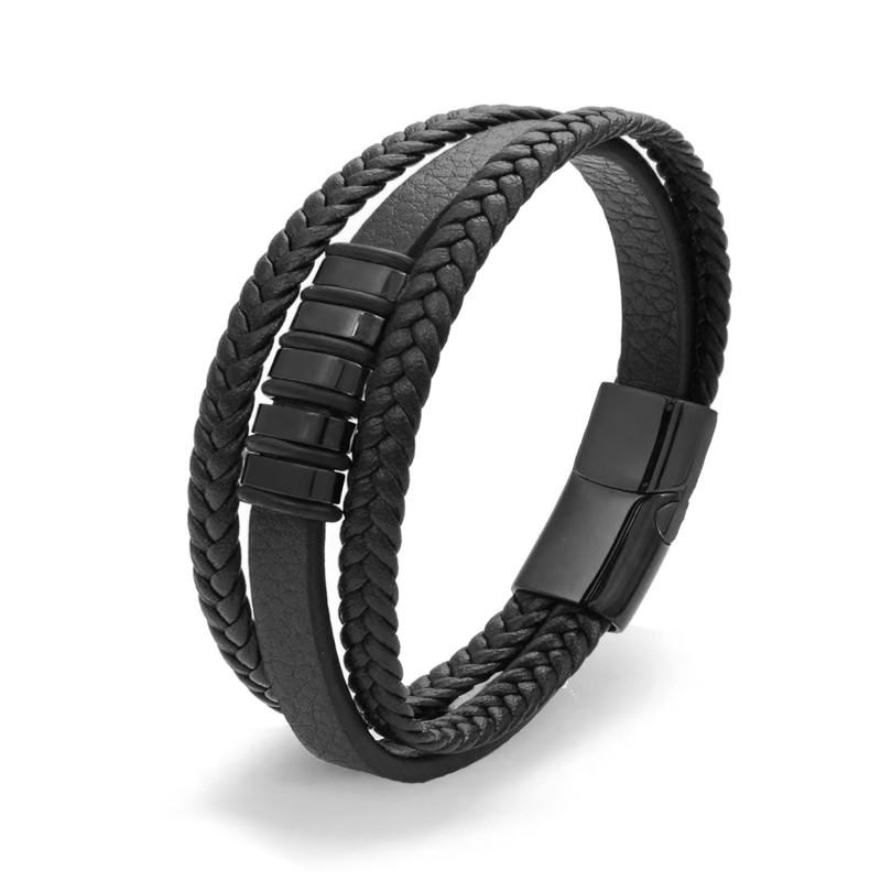Mens Stainless Steel Leather Braided Bracelet Multi-Layer Geometric Design Minimalist Fashion Accessory Daily Wear