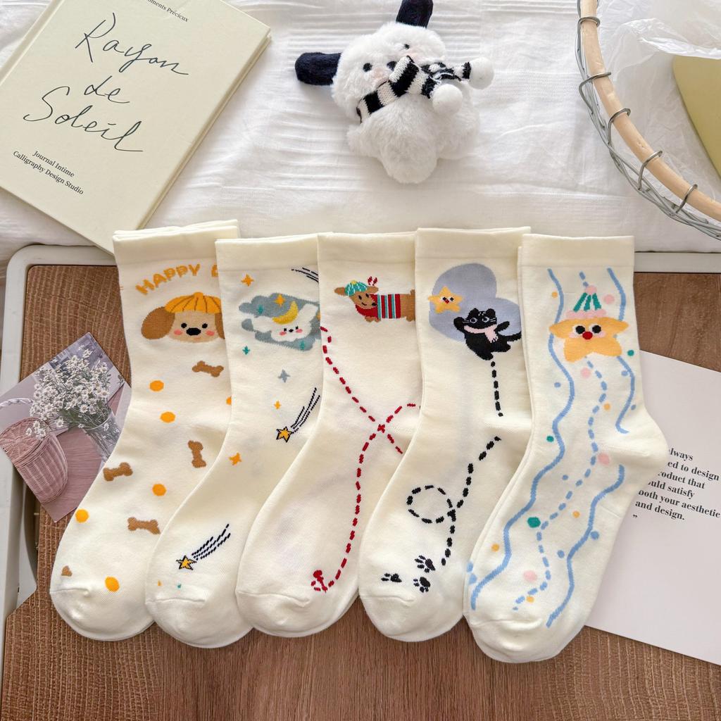 Illustration Puppy Socks Milk White Girls Sports Socks Korean Dachshund Dog Cream Cute Medium Tube Socks