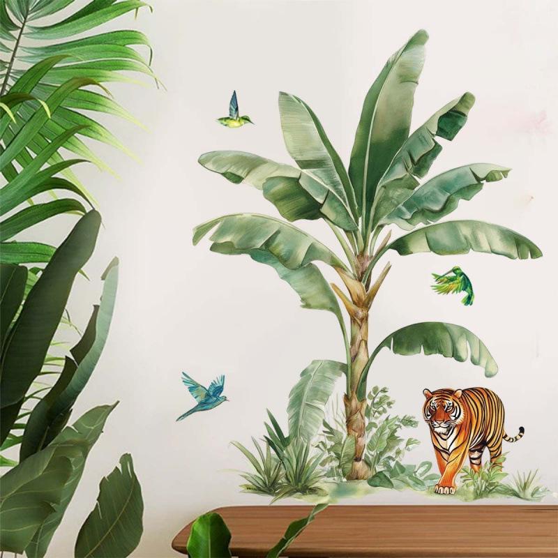 Tropical Tiger & Banana Leaf Bird Wall Sticker for Living, Dining, or Study Rooms - Self-Adhesive Decor