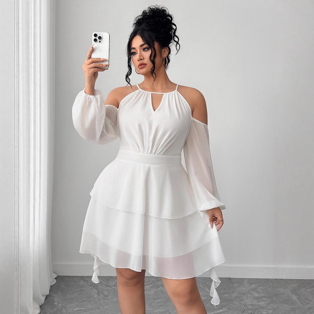 European & American Plus Size Off-the-Shoulder Ruffle Dress with Sweetheart Neckline and Lantern Sleeves