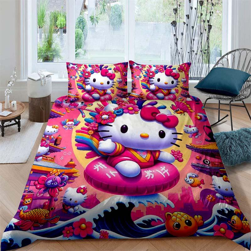 This Hello Kitty three-piece bedding set with a cartoon heart print, including one duvet cover and two pillowcases, makes a perf