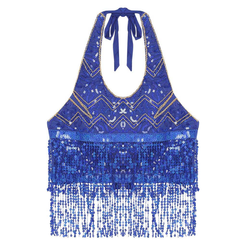Essential Training Top for Belly Dancers: Supportive Halter Crop Top with Sequins, Lace-up Back & Tassel Details