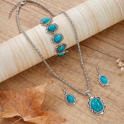 Boho Retro Suitable for Vintage Holiday Wear 4pcs/set Holiday Bonus Necklace Ladies Accessories Set Turquoise Alloy Bracelet Earrings Set  Accessories