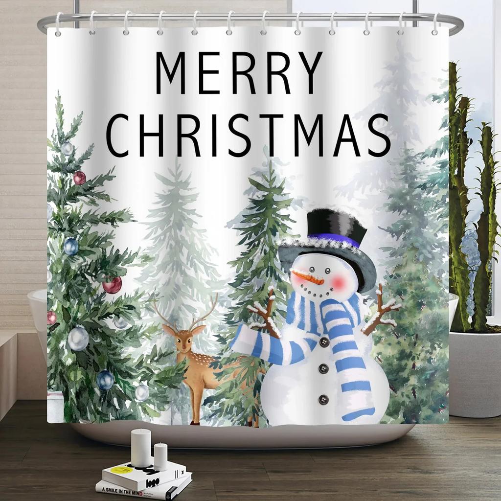 ZHL22Christmas Shower Curtain for Bathroom Waterproof Decoration with Hooks Weighted Lead Hem Heavy Duty Polyester Bath Curt2Ol%