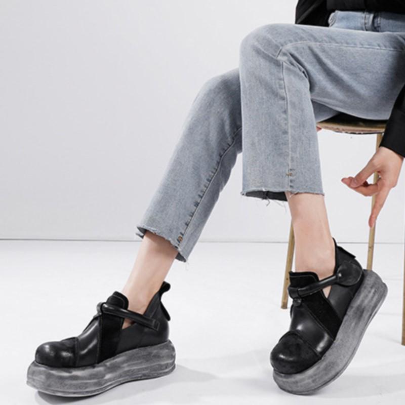 Johnature Flache Plateauschuhe aus echtem Leder für Damen, vielseitige Vintage-Schuhe mit runder Zehenpartie und dicker Sohle