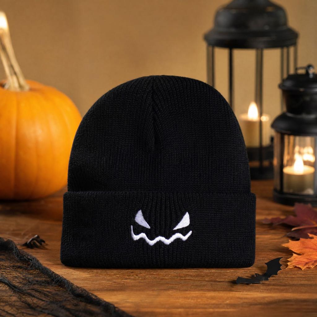 Unisex Halloween Pumpkin Knit Hat with Embroidered Devil, Fall Winter Novelty