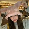 Cute rabbit ears bucket hat women's autumn and winter warm versatile washbasin hat cold protection ear hat plush hat tide
