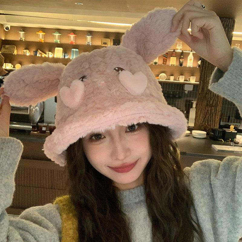 Cute rabbit ears bucket hat women's autumn and winter warm versatile washbasin hat cold protection ear hat plush hat tide