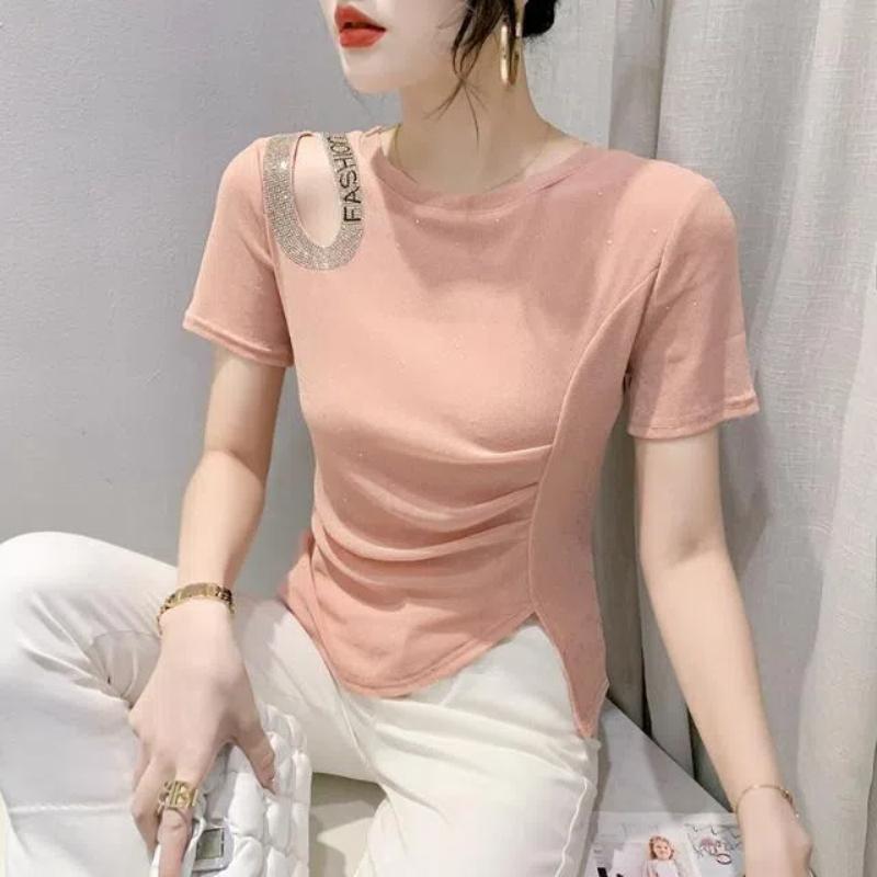 

New Summer Women s Solid Colors O-Neck Short Sleeve Slim Hollow Out Diamonds Pullovers Trendy Comfortable All-match Tops L рожевий