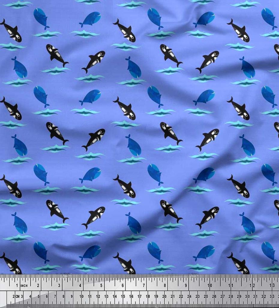 Soimoi Japan Crepe Satin Fabric Waves,Whale & Dolphin Ocean Decor Fabric Printed metre 42 Inch