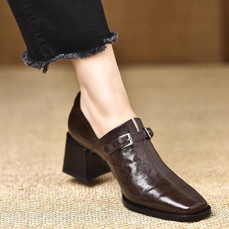 Fashion Women High Heels Square Toe Leather Shoes Winter 2025 Trend Chelsea Casual Chunky Shoes Elegant Office Pumps Zapatillas Mujer