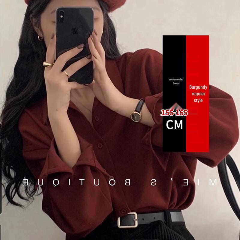 

Women s French Retro Red Lapel Chiffon Blouse - Petite Casual Loose Fit for Spring/Autumn XS