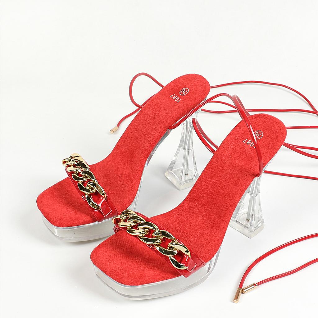 Women 12CM Sexy Car Model Fashionable Transparent Nightclub Thick Heel Crystal Square Head Anti Slip Strap Sandals LFD