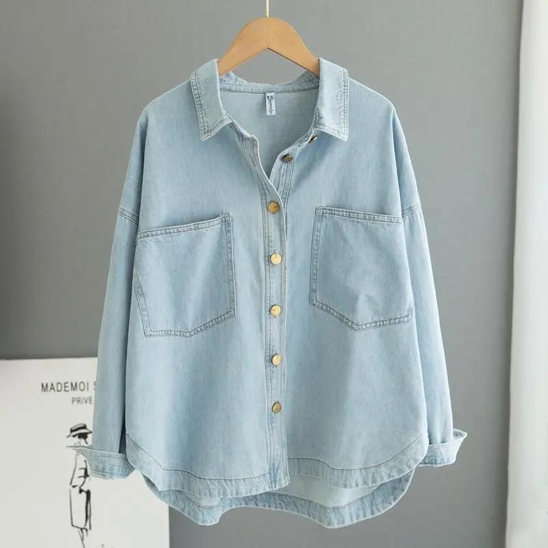 Women's Spring Autumn Denim Shirt Ladies Long Sleeved Lapel Loose Blouse