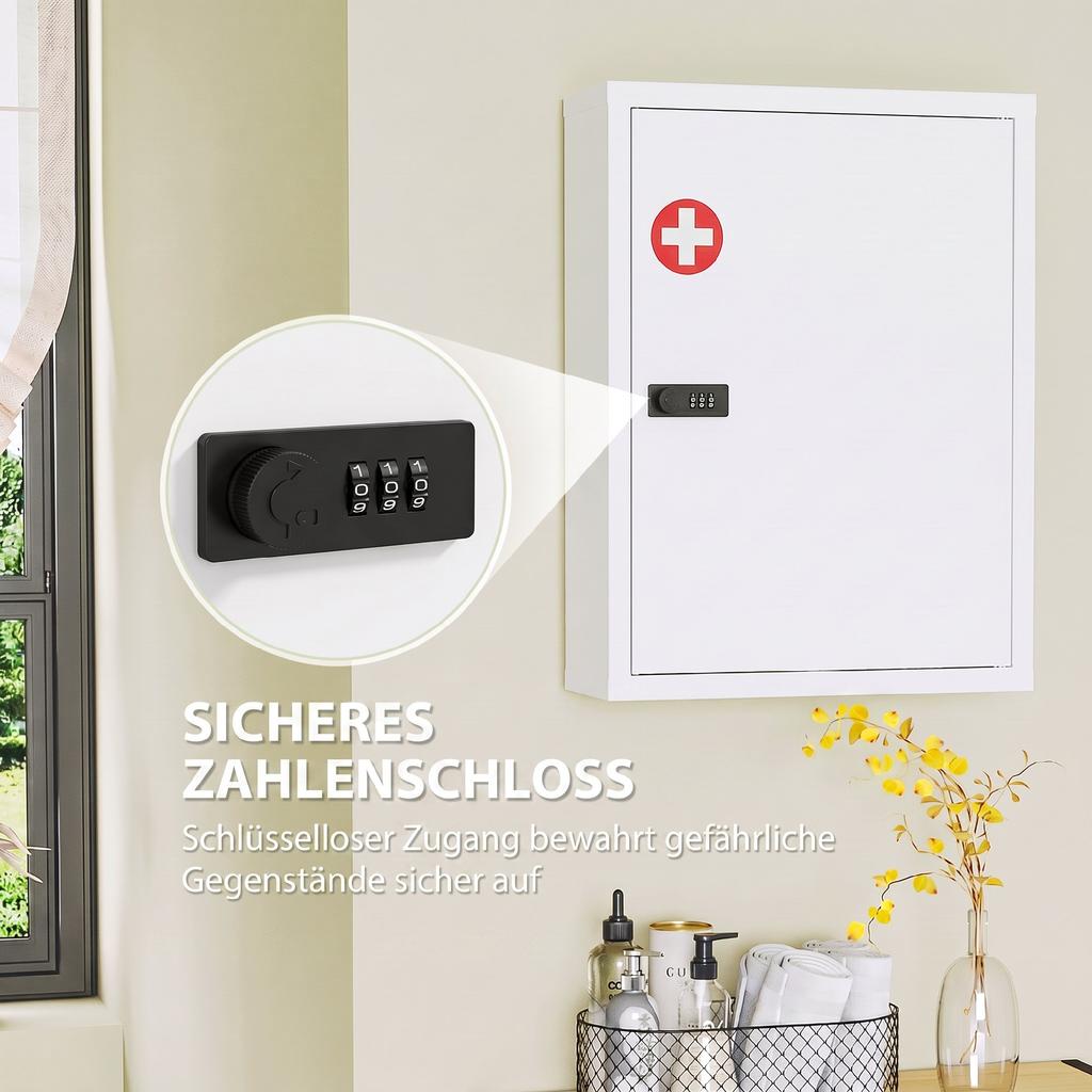 Wall Mount Medicine Cabinet, Bathroom Cabinet with Combination Lock, Door and Storage Shelves, White