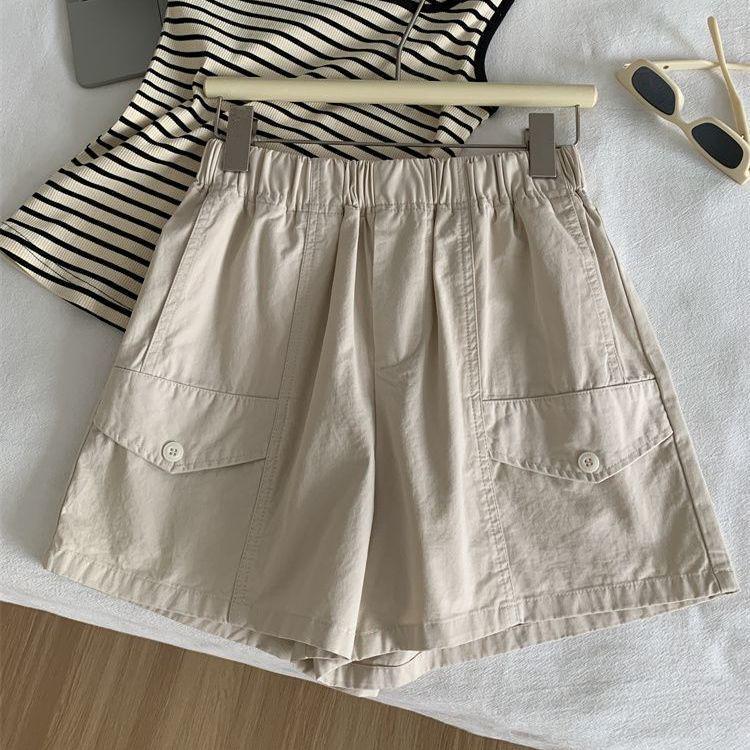 

Plus Size Women s High Waist A-Line Wide Leg Shorts - Summer Casual Loose Fit L (90-120 Jin) бежевый
