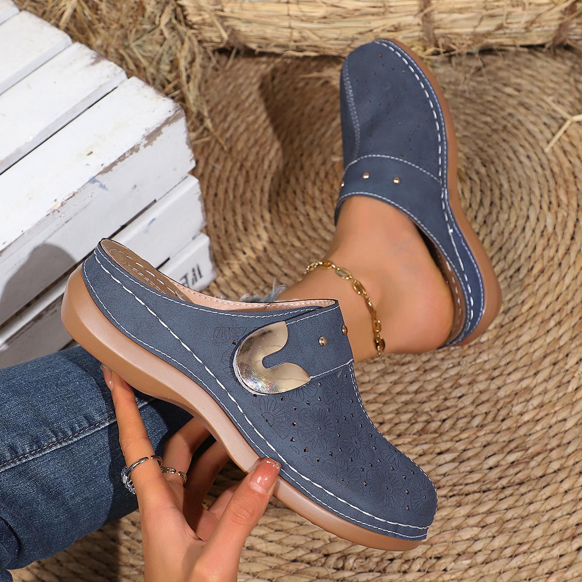 

Импортные товары, большой размер 45, повседневные полутапочки с плоской подошвой, женские, новинка 2025 года, однотонные пляжные тапочки на танкетке с металлической пряжкой 41 тёмно-синий