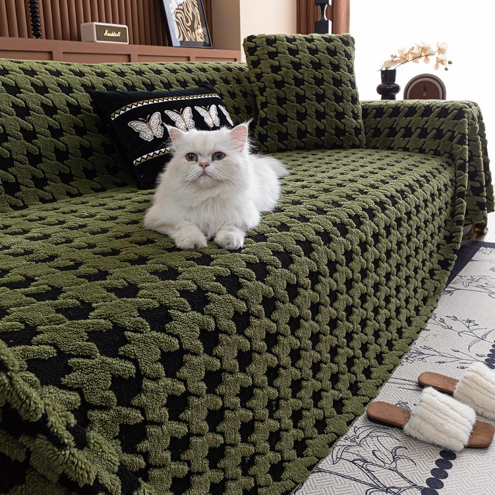 Thousand Bird Grid Plush Sofa Cover Thickened Warm Non-slip Couch Cushion Soft Plush Furniture Protector Pad Home Decoration