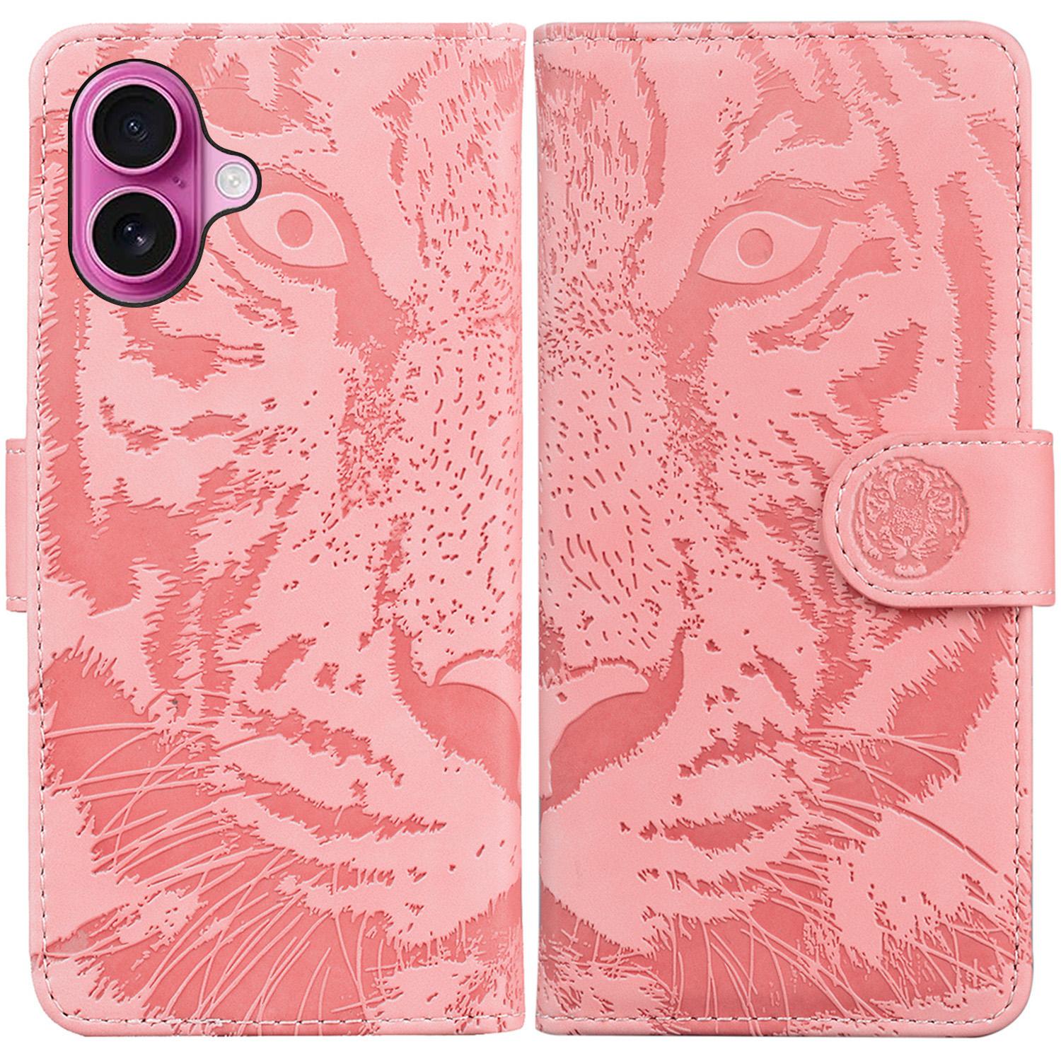 

For iPhone 16 Plus Case Tiger Imprint Leather Shockproof Wallet Phone Cover Pink