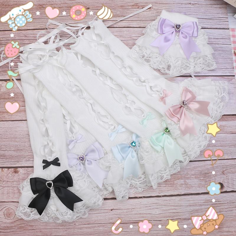 Sweet Lolita Lace Bow Rhinestone Hand Sleeves False Sleeves Lolita Hand Sleeves for Women's Jewelries