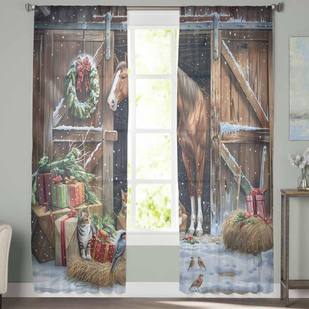 Świąteczny Wieniec Farmhouse Zasłony Do Salonu Sypialni Dekoracja Domu Okno Woal Tiulowa Zasłona Draperie