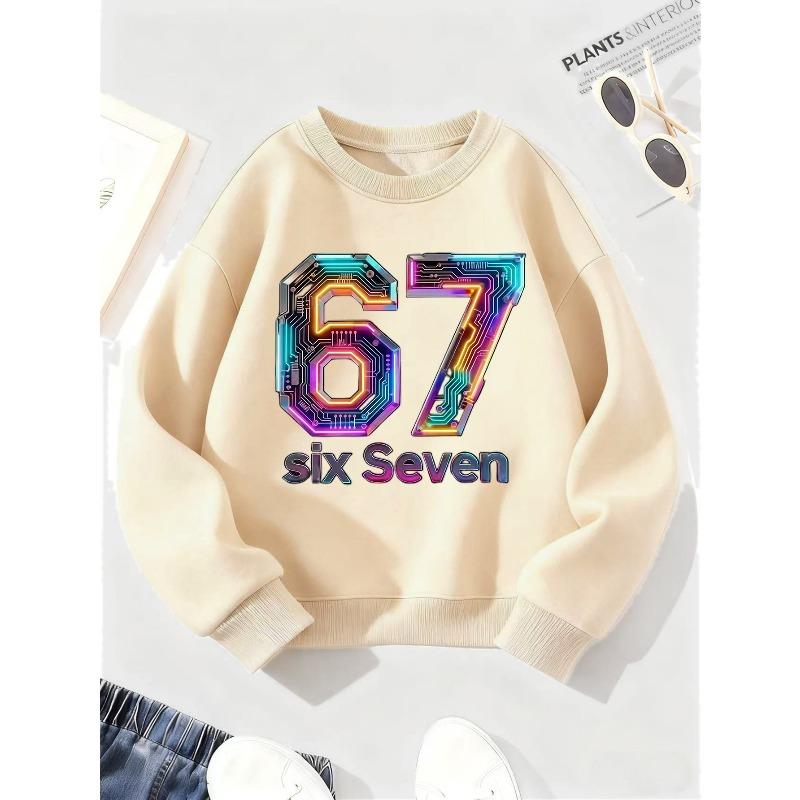 Kids Unisex Crewneck Sweatshirt, Neon Rainbow Circuit Board Tech Style Number 67 With Text "six Seven" Print Soft Pullover For 7th Birthday Tech Lover