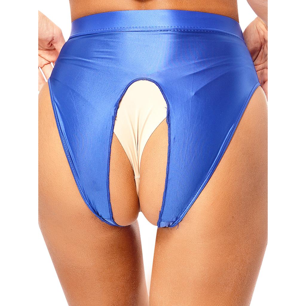 Womens Glossy Stretchy Panties High Waist Open Crotch Design Elastic Waist Sexy Underwear Lingerie