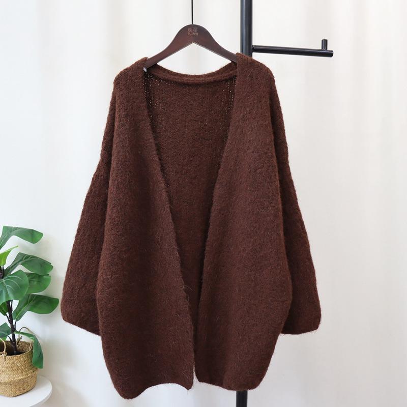 Autumn and Winter New Medium and Long Loose Lazy Wind Sweater Jacket Soft Waxy Gentle Wind Solid Color Knitted Cardigan Women