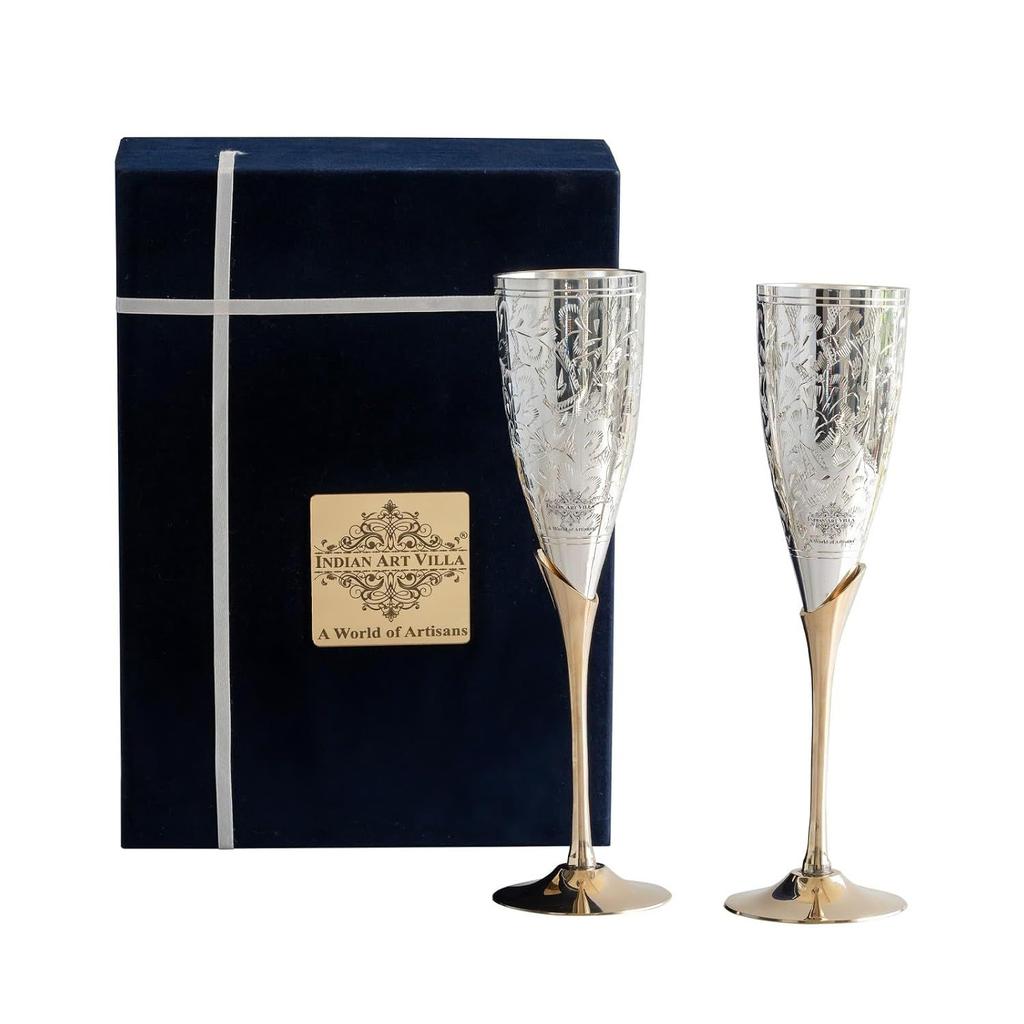 Silver Plated Goblet Flute Wine Glass with Blue Box, Best for Parties, Diwali Gift Item, 200 ML Each, Set of 2